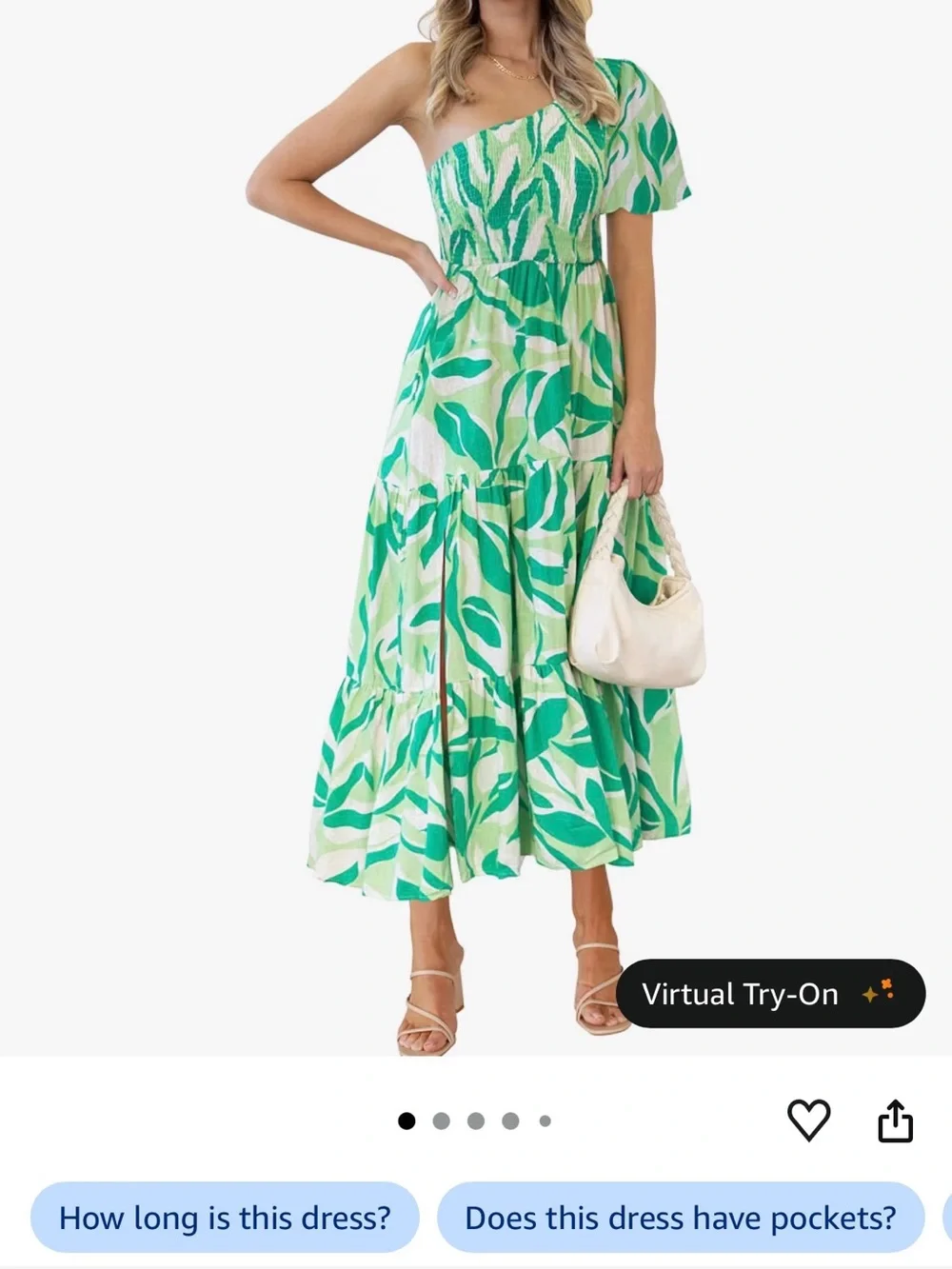 One-Shoulder Green Leaf Print Midi Dress